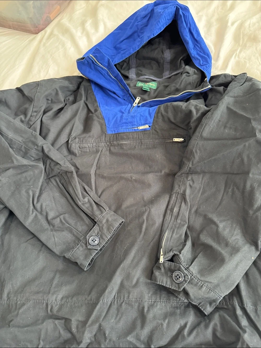 J. Crew Two-Tone  Black Windbreaker with Royal Blue Hood